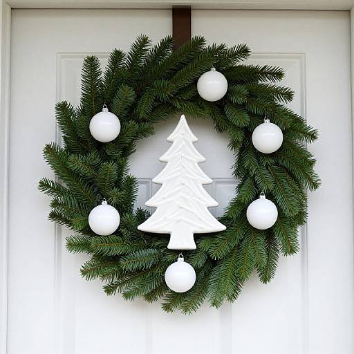 Photograph of a green pine wreath adorned with white Christmas ornaments and a white tree silhouette, hanging on a white door.