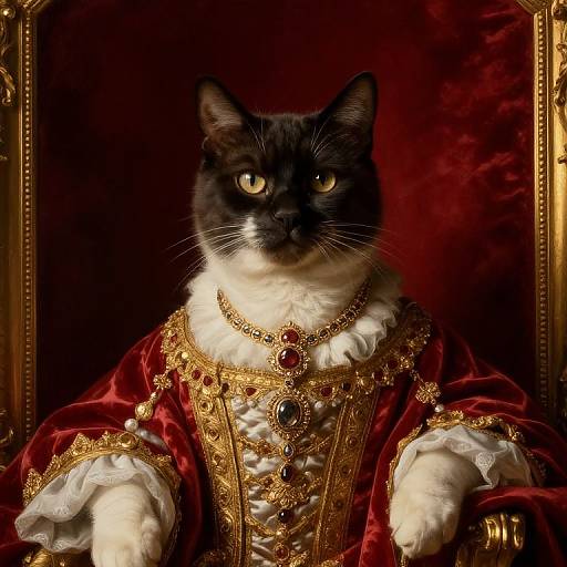 Photorealistic painting of a regal black and white cat in an ornate, red velvet robe with gold embroidery and gemstones, seated on a