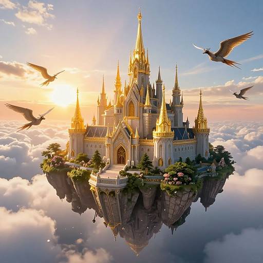 Fantastical, golden castle with spires and turrets floating among clouds, surrounded by flying ravens, and lush greenery, bathed in