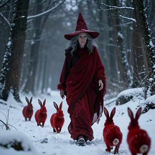 Somber Witch in Snowy Forest