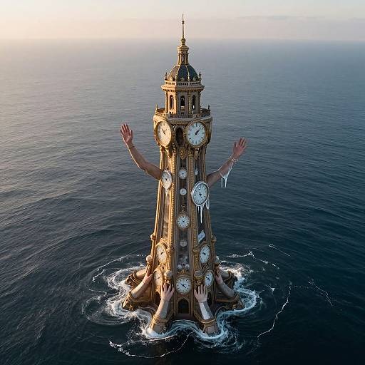 Digital artwork of a clock tower with arms raised, partially submerged in a calm ocean at sunset, surrounded by rippling water.