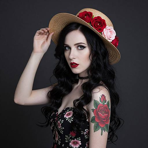 Photograph of pale-skinned, dark-haired woman with red lipstick, floral black dress, straw hat with red and pink roses, tattooed red rose