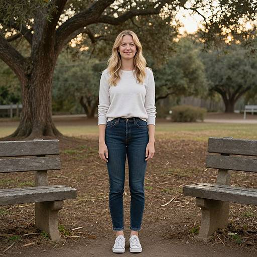 Photograph of a smiling blonde woman with wavy hair, wearing a white long-sleeve shirt, blue jeans, and white sneakers, standing between