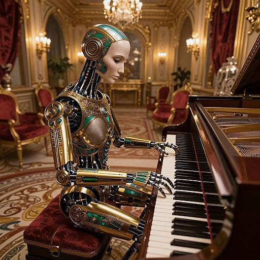 Photorealistic CGI of a golden and teal robotic woman playing a grand piano in an opulent, ornately decorated room with chandeliers and red