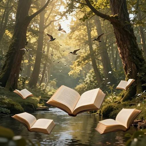 Floating Books in Mystic Woodland