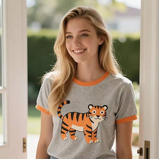 Smiling Young Woman in Cartoon Tiger T-Shirt