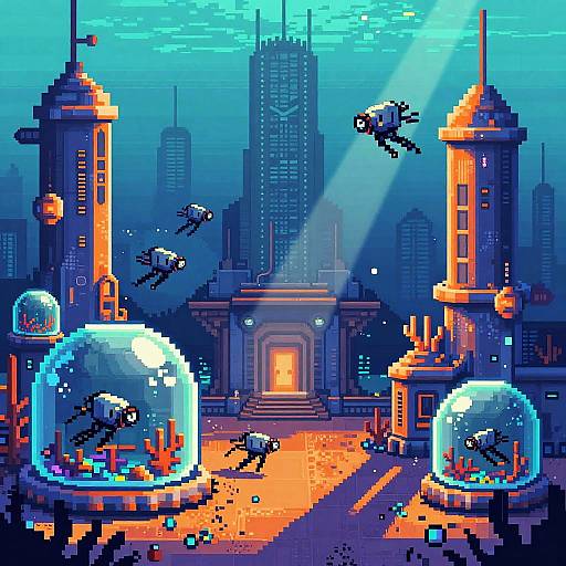 Futuristic Underwater Pixel Cityscape