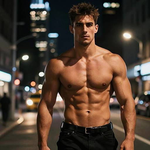 Photograph of a muscular, shirtless, young man with short, spiked brown hair, standing on a brightly lit, nighttime city street, wearing black