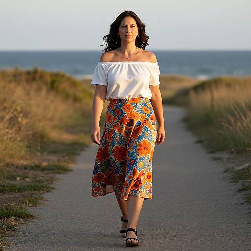 Confident Woman Walking Coastal Sunset
