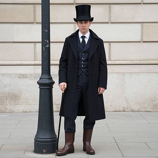 Photograph of a young man in Victorian attire: black top hat, long coat, pinstriped suit, white shirt, black tie, brown