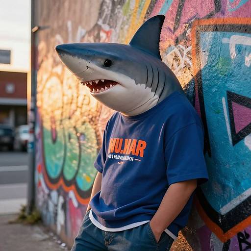 Photograph of a person wearing a shark head mask and blue 