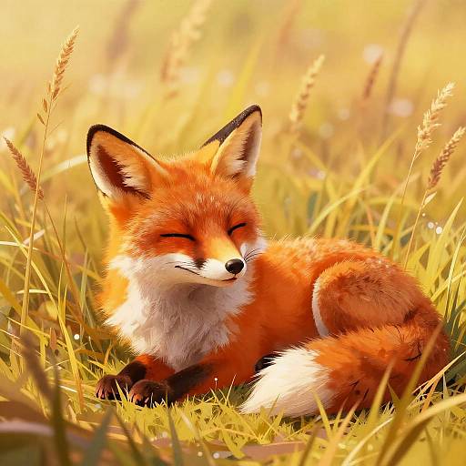 Digital illustration of a serene red fox with closed eyes, lying in a sunlit, golden grass field, surrounded by tall, glowing plants.