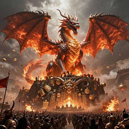 Digital artwork of a massive, fiery red dragon with glowing eyes and wings standing on a burning, ornate altar surrounded by a crowd. Bright flames and