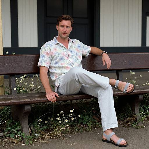 Photograph of a casual, handsome man with short brown hair, wearing a floral shirt, white pants, and sandals, sitting on a wooden bench with
