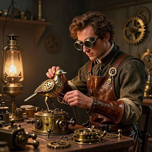 Steampunk inventor with curly brown hair, round goggles, leather apron, fixing a clockwork bird in dimly lit workshop with lantern.