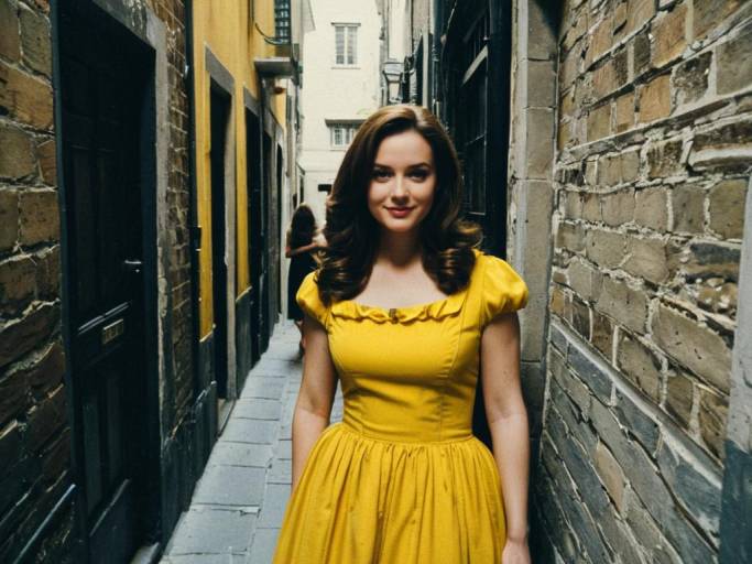 Woman in Yellow Dress in Narrow Alley