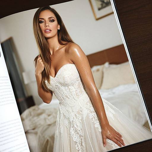 Photograph of a beautiful woman with long brown hair, wearing a strapless, white lace wedding dress, standing in a softly lit bedroom.