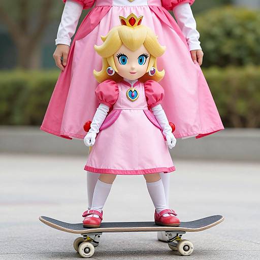 Digital artwork of Princess Peach from Mario series, with blonde hair and blue eyes, wearing pink dress and white gloves, skateboarding.