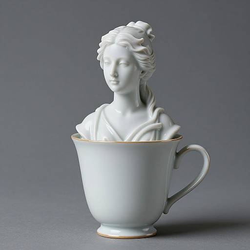 Photograph of a white, classical bust statue of a woman with wavy hair, partially inside a white teacup with gold trim, against a