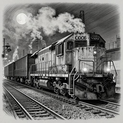 Black-and-white digital drawing of a steam locomotive at night, emitting smoke, with a full moon in the sky, on railroad tracks. Train labeled