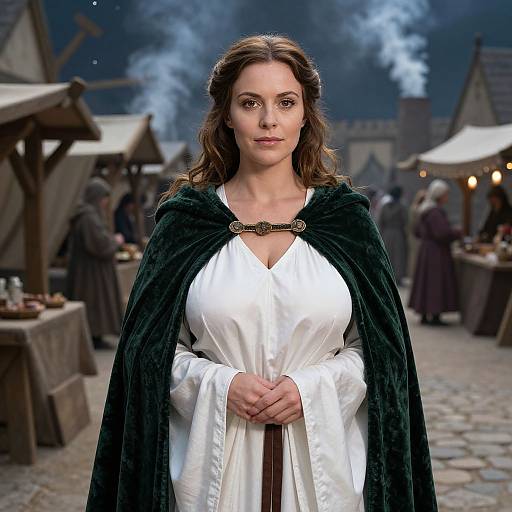 Medieval Woman in Moonlit Marketplace