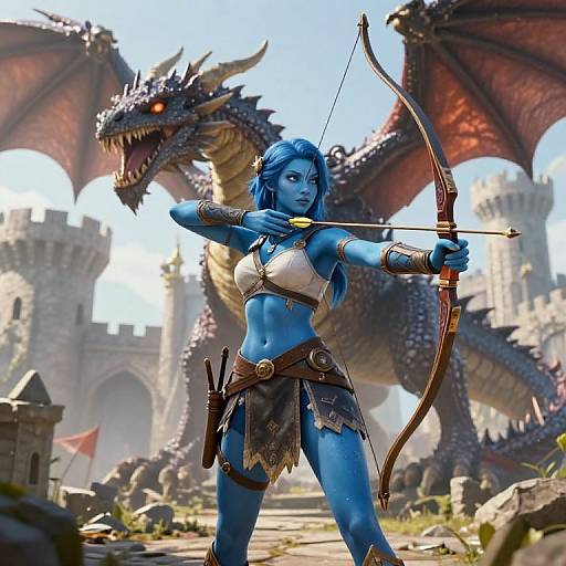 Blue-skinned, muscular female archer with long blue hair, leather armor, and brown bow, standing in a medieval castle courtyard with a large,