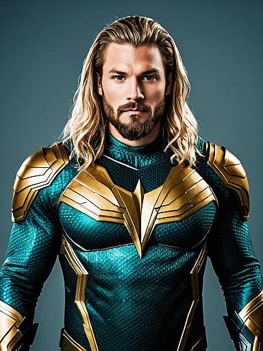 Photograph of a muscular man with long blonde hair and beard, wearing a teal, gold-embellished superhero suit, standing against a blue gradient