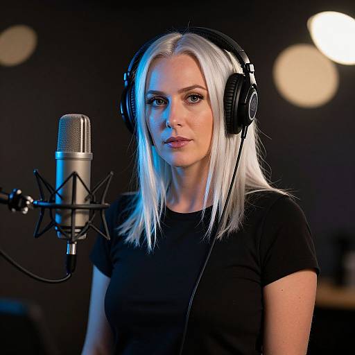Photograph of a white woman with silver hair, wearing black headphones and a black shirt, standing in front of a microphone in a dimly lit recording