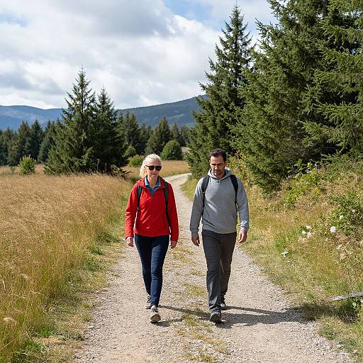 Photograph of an elderly couple walking on a gravel path through a grassy meadow with evergreen trees and mountains in the background. The woman wears
