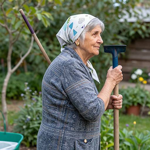 Photograph of elderly woman with gray hair, white headscarf, blue-gray jacket, holding shovel, standing in lush garden. Background includes greenery
