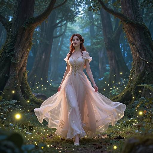 Enchanting forest scene: A fair-skinned woman with long auburn hair wears a flowing, white, lace-trimmed gown, surrounded