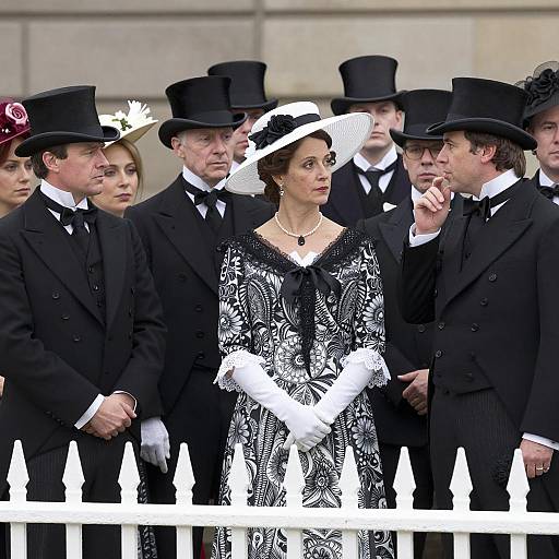 Group in Victorian Formal Attire with Top Hats and Elegant Dresses