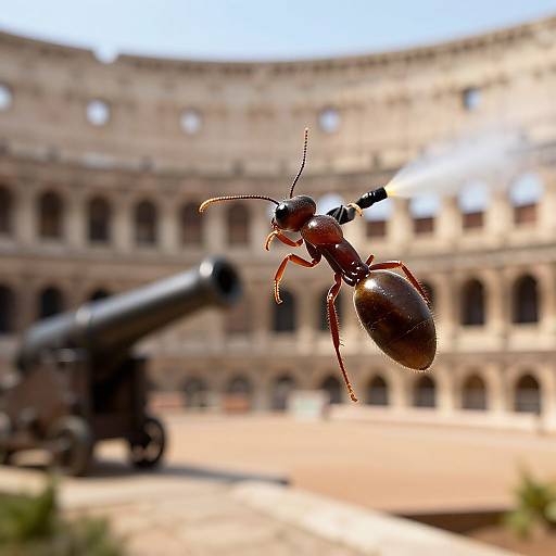 Close-up photograph of a red ant with a shiny abdomen, flying in front of a blurred Roman Colosseum and cannon.