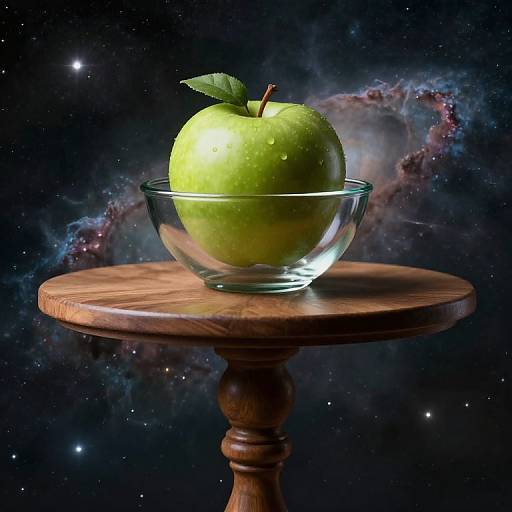 Photograph of a green apple with dew, in a clear glass bowl, on a wooden table, against a cosmic nebula background.