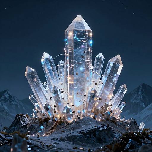 Photorealistic CGI of glowing, crystalline structure with geometric shapes and blue lights, set against a dark, starry night sky with snowy mountains in