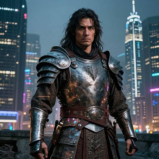 Photorealistic CGI of a rugged, long-haired man in reflective, medieval-style silver armor standing in a neon-lit, futuristic cityscape.