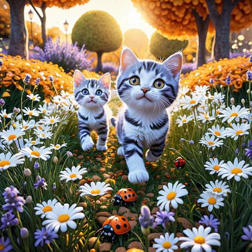 Whimsical Autumn Garden with Kittens and Ladybugs