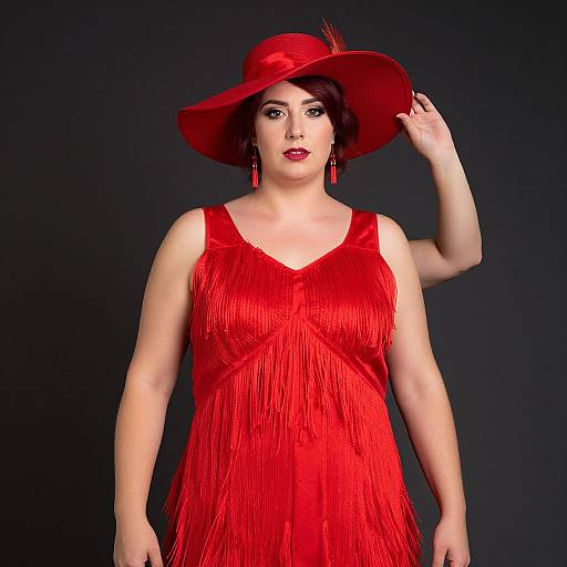 Photograph of a fair-skinned woman with red fringe dress, large red hat, red earrings, and dark hair, standing against a black background.