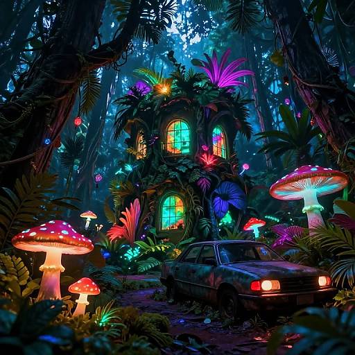 Vibrant, neon-lit forest scene with glowing mushrooms, a colorful, fairy-tale house, and a vintage car, illuminated by ethereal