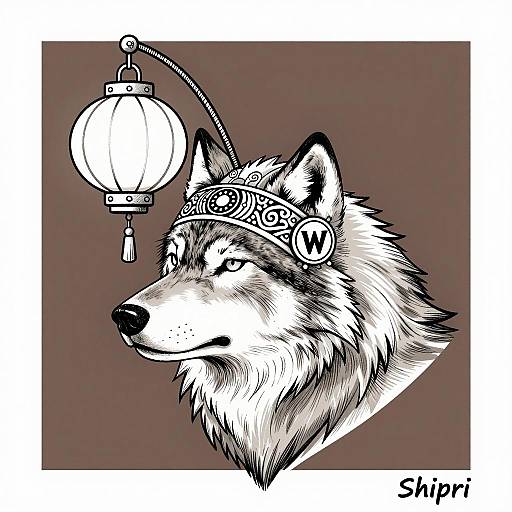 Ornate Wolf Head Illustration with Headdress