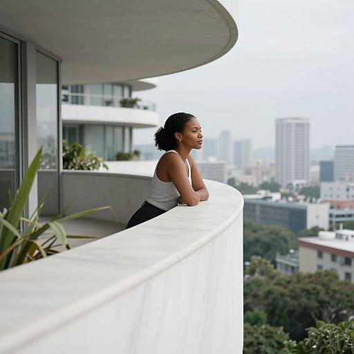 Modernist Balcony with Woman and Skyline