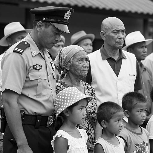 Black and white group portrait with police officer and children