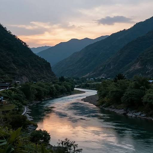 Photograph of a serene mountain valley at sunset, featuring a reflective river winding through lush greenery, with dark silhouetted mountains and a past