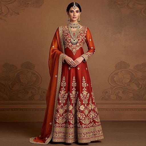 Photograph of a South Asian woman in a red, gold-embroidered traditional lehenga, with intricate jewelry, against an ornate brown background