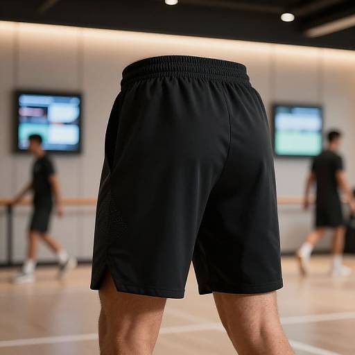 Photograph of a man's backside in black athletic shorts, standing in a modern gym with blurred background figures and flat-screen TVs.