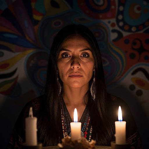 Photograph of a solemn woman with long black hair, wearing beaded necklaces, illuminated by three lit candles in a dark, colorful, abstract-pattern