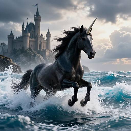 Photograph-style digital artwork of a black, muscular unicorn galloping through crashing ocean waves with a dramatic, cloudy sky and a medieval castle in the