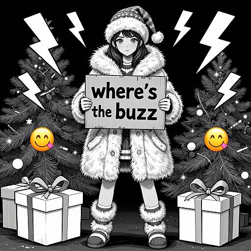 Digital anime-style drawing of a girl in a fluffy Santa outfit holding a 