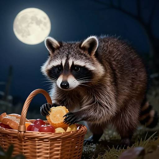 Photograph of a raccoon with black and white mask, eating fruit from a wicker basket under a full moon in a dark, nighttime forest.