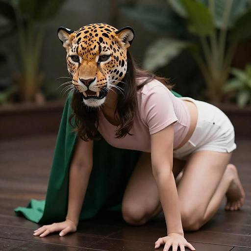Intense Woman in Leopard Mask Pose